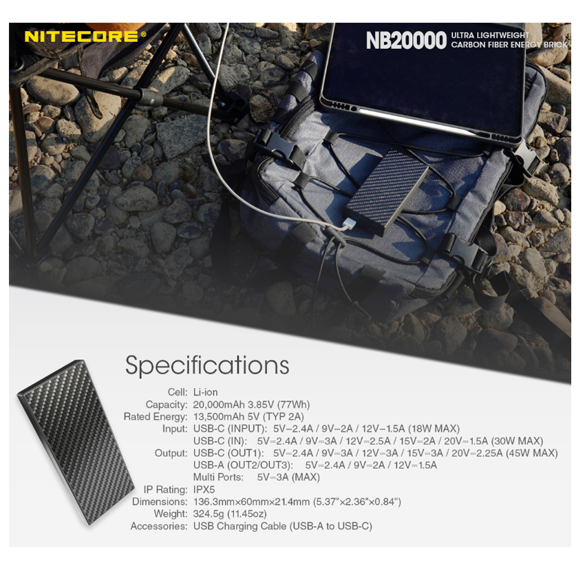 Ελαφρύ Power Bank NB20000 Carbon Fiber, Fast Charge Output 45w, της Nitecore VAS61399 trazeras|VAS63899