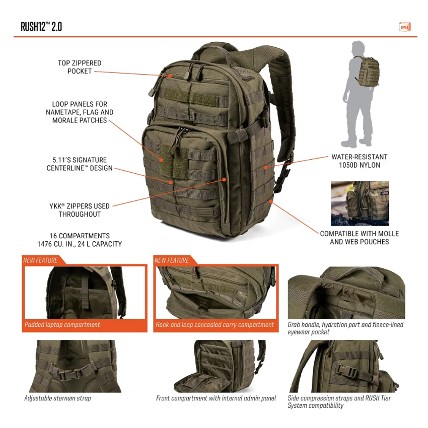 Επιχειρησιακό Σακίδιο Rush 12, 2.0 (Μαύρο) της 5.11 Tactical TAC61965 trazeras|TAC61965