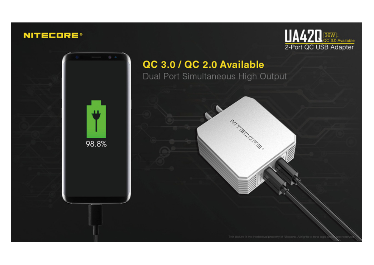 Τροφοδοτικό Πρίζας UA42Q Quick Charge 3.0 με 2 Θύρες USB Γρήγορης Φόρτισης (QC) της Nitecore VAS53907 trazeras|VAS53907