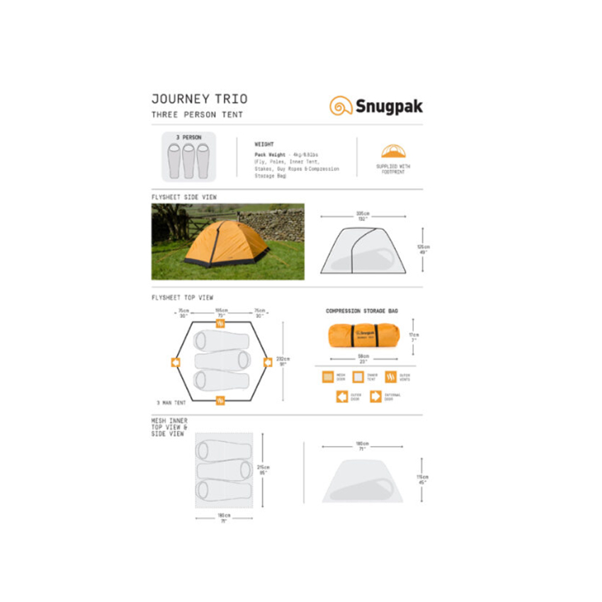 Αδιάβροχη Σκηνή 3 Ατόμων Journey Trio (Πορτοκαλί) της Snugpak TSO59512 trazeras|TSO59512